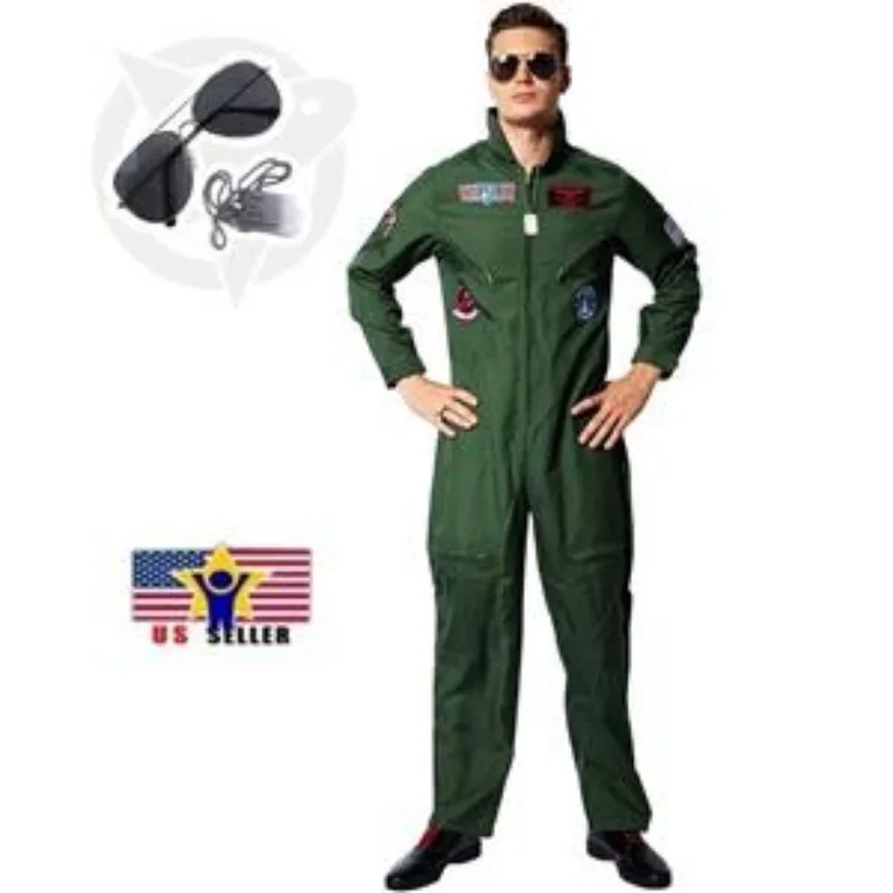 Top Gun Adult Maverick Sunglass Flight Jump Suit Men Union Pilot Cosplay Costume - Picture 1 of 10